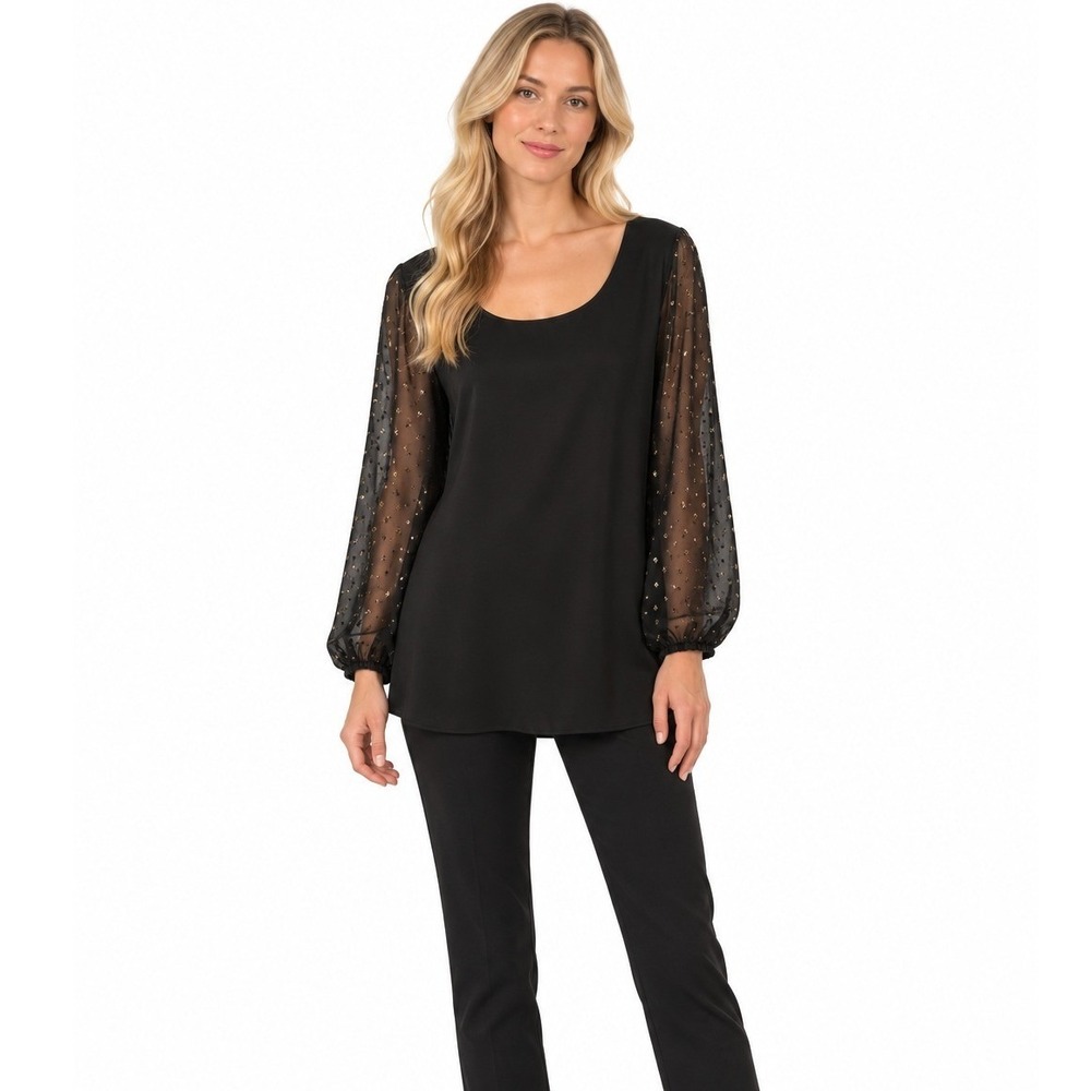 Adrianna Papell Women's Embellished Sheer Sleeve Scoop Neck Tunic Top Size XL